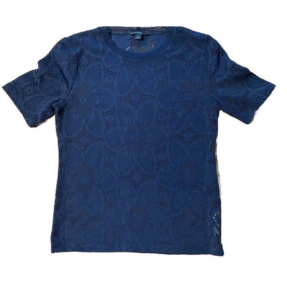 J.Crew Women's Short Sleeve Netted Stretch Lace Top Navy Blue Semi Sheer Medium - Picture 2 of 7